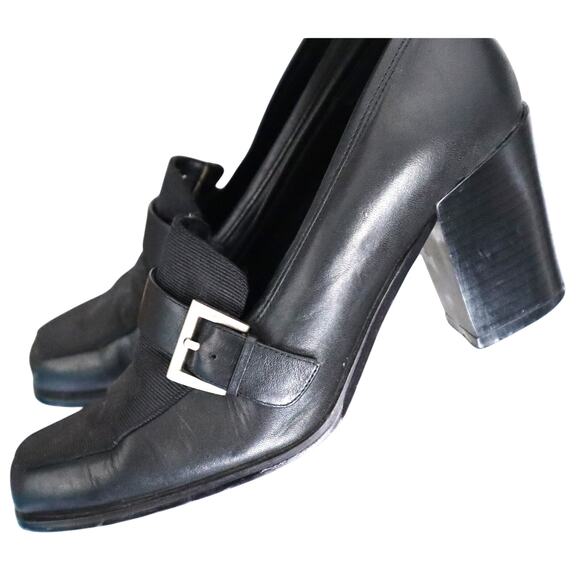 Vintage 90s Y2K Black Leather Heel Loafers Pumps Silver Buckle Square Toe 6 M - Picture 1 of 8